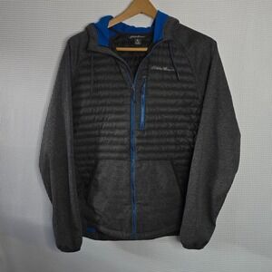 Eddie Bauer Hybrid Down Hooded Jacket Mens M Gray Black Full Zip Puffer Fleece